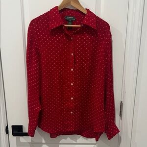 Ralph Lauren 100% Silk Red Polka Dot Blouse, Size 1X
